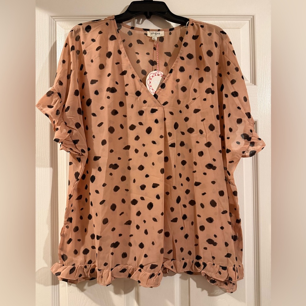 NEW Umgee Dusty Rose Polka Dot V-Neck Ruffle Sleeve Top
